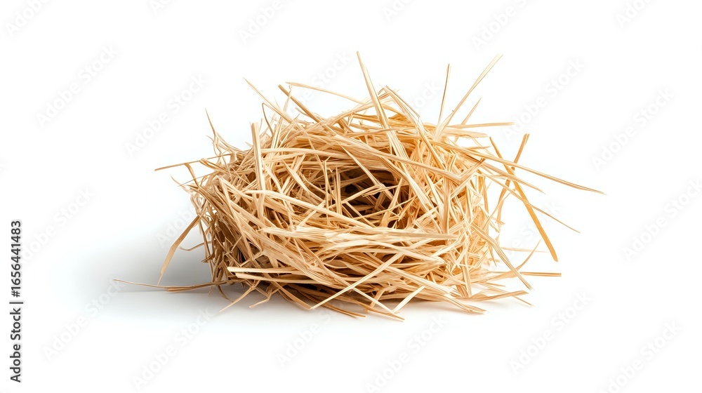 Poster empty bird nest made of dry straw and hay isolated on white background, natural material structure f