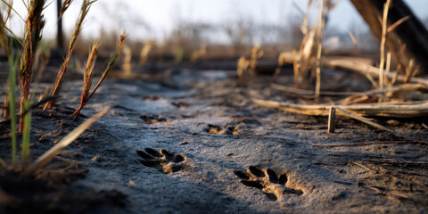 Animal paw print on soft mud with dry grass around in natural outdoor setting