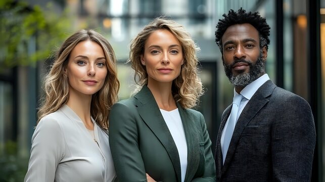 Diverse business team of professionals in corporate attire standing together outdoors, representing leadership, collaboration and workplace diversity in modern setting.
