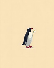 Fototapeta premium A charming penguin wearing red shoes holds a daisy, set against a soft beige background
