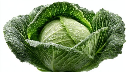 A detailed macro photograph of a fresh vibrant green head of cabbage with crisp leaves covered in glistening water droplets and tiny moisture beads highlighting the intricate natural texture