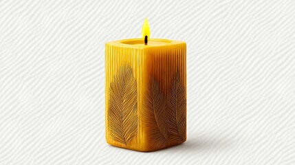 Decorative hexagonal beeswax candle with embossed feather pattern and glowing flame on neutral background, natural organic home decor element.