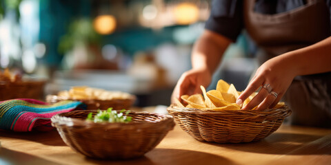 Fototapeta premium Person placing tortilla chips in basket on wooden table with colorful cloth and blurred background