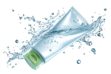 Cosmetic skincare tube with water splash creating fresh and clean beauty concept