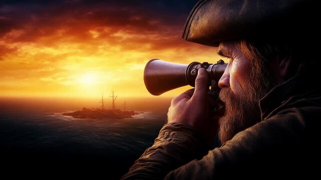 An adventurous pirate captain discovers a shipwreck during a dramatic golden sunset.