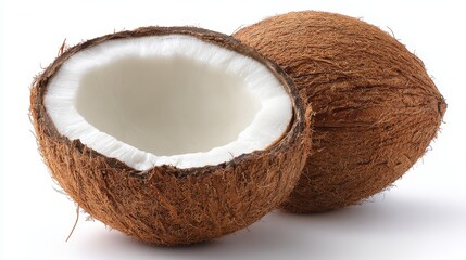 A collection of whole and halved tropical coconuts arranged on a seamless clean white surface highlighting the contrast between the rough brown husk and the pure white inner fruit