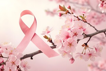 3D Pink Ribbon Blossoming into Cherry Flowers – Breast Cancer Awareness Symbol in Modern Futuristic Style