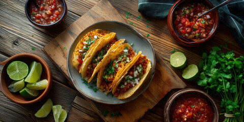 Soft corn tacos filled with seasoned meat topped with fresh onion and cilantro served with lime and salsa rustic wooden table