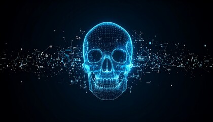 Digital Skull with Data Stream, and Dark Background.