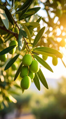 close-up of vibrant green olives hanging from a sunlit branch of an olive tree, dappled light filtering through lush leaves, creating a serene and inviting mediterranean scene