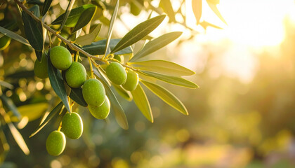 close-up of vibrant green olives hanging from a sunlit branch of an olive tree, dappled light filtering through lush leaves, creating a serene and inviting mediterranean scene