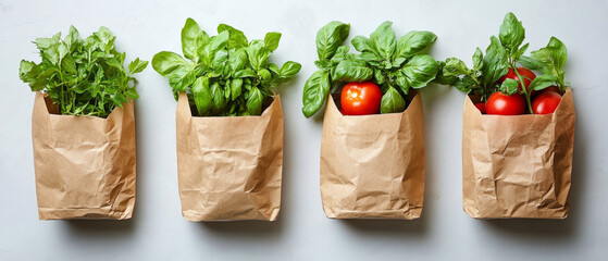 Fresh tomatoes and basil in paper bags on a gray background, useful for cooking blogs, advertising farm products, and healthy eating.