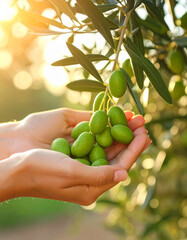 Close-up of hands harvesting fresh green olives from tree branches, organic agriculture and healthy Mediterranean lifestyle concept