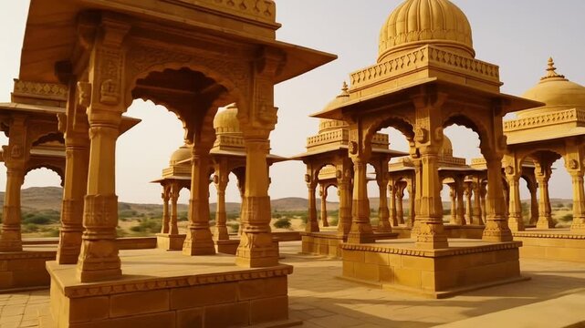 Ancient Golden Sandstone Chhatris at Bada Bagh Jaisalmer Near Gadsisar Lake Embellished with Ornate Carvings Under Clear Sky in Arid Indian Landscape