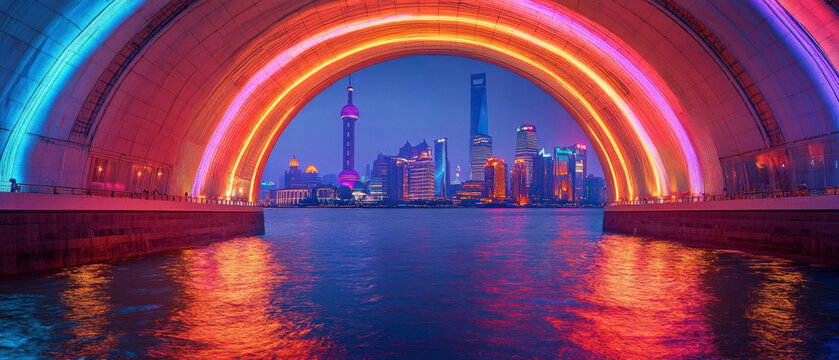 The cityscape with the illuminated bridge and skyscrapers against the backdrop of the river conveys the dynamism of the metropolis for tourist and business presentations.