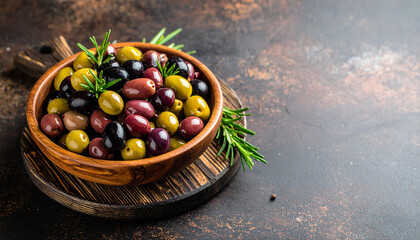Mediterranean Tapas Platter with Olives, Peppers, Berries, and Rustic Bread, space for text