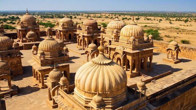 Ancient Royal Chattris at Bada Bagh Jaisalmer Rajasthan India Sandstone Tombs Complex with Domes and Yellow Architecture in Desert Landscape