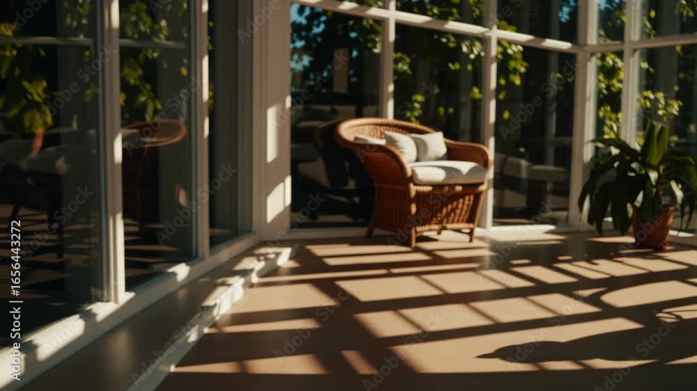 Poster sunlit sunroom with wicker chairs and potted plants creating tranquil shadow patterns on the floor, 