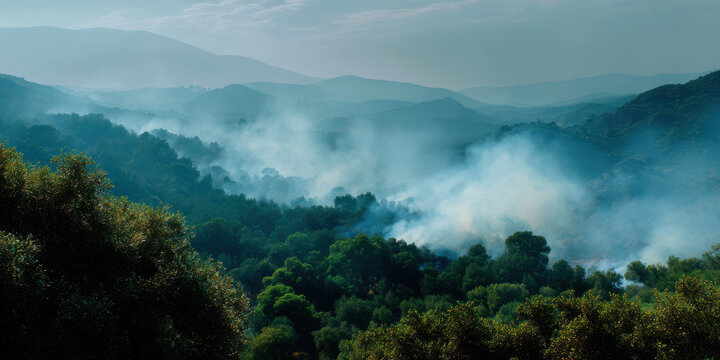 Smoke cloud over green forest in mountain valley with misty blue hills and cloudy sky