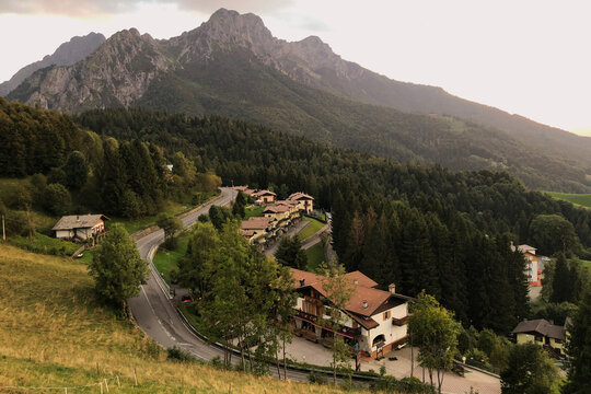 View on Mount Alben at the Sunset in the Italian Alps during a Sunny Summer Day. Beautiful Mountain Landscape. Zambla Alta Village, Bergamo Province, Italy