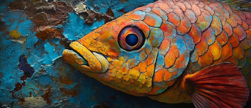 Close-up of brightly textured arapaima fish scales on a blue abstract background. Useful for illustrating scientific articles about the underwater world, aquarium design, and creating unique textures 