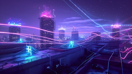 Rooftop futuristic data nodes under night sky, connected by electric trails, violet and blue tones dominate the scene, abstract cyberpunk layout.