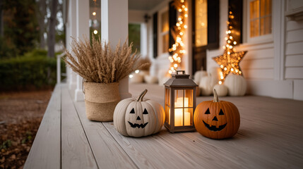 Obraz premium Halloween jack o lanterns with glowing lantern on cozy porch