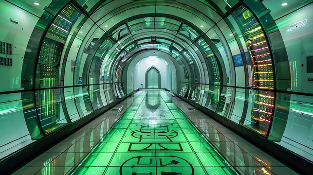 Round data vault design with central core reactor, color cycling tubes, tech-engraved flooring, subtle green glow across server glass.