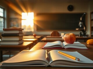 A classroom scene with sunlight streaming through windows. Open notebooks, a pencil, and an apple on a desk. Stacked books in the background. Celebrating Teacher's Day.