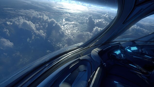 Futuristic spacecraft cockpit with panoramic view of Earth's clouds