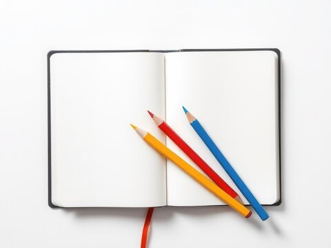 An open notebook with blank pages lies on a white surface. Four colored pencils in red, yellow, blue, and orange are placed beside it. Ideal for Teacher's Day themes.