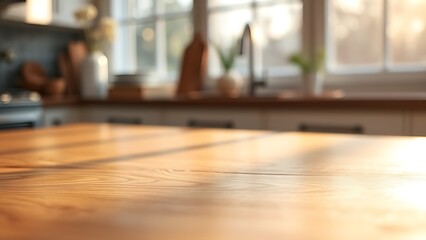 Obraz premium A close-up of a natural wood table with soft morning light filtering through a blurred window.