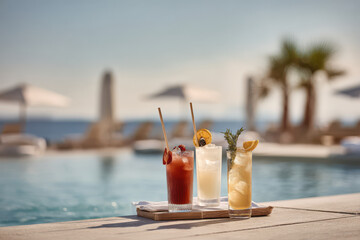 stunning view of top  classic cocktails elegantly displayed around luxurious poolside