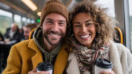 portrait of smiling couple with coffee to go in bus at city