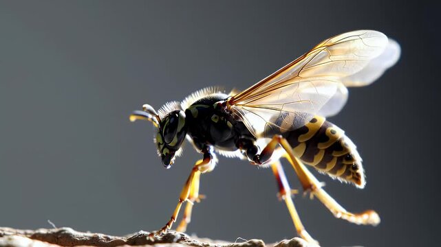 Backlit Yellowjacket Wasp Macro on Dark Background with Glowing Translucent Wings