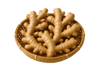 Fresh ginger roots in a bamboo basket on a black background