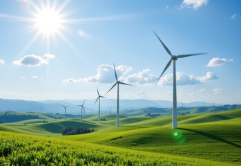 Obraz premium a symbolic visual of wind turbines on green plains under bright sun illustrating wind energy as renewable clean electricity source reducing pollution protecting nature and human life