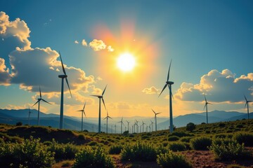 Obraz premium a symbolic painting of wind turbines spinning under sunlight showing clean energy concept how wind power generates electricity without harmful emissions or environmental damage