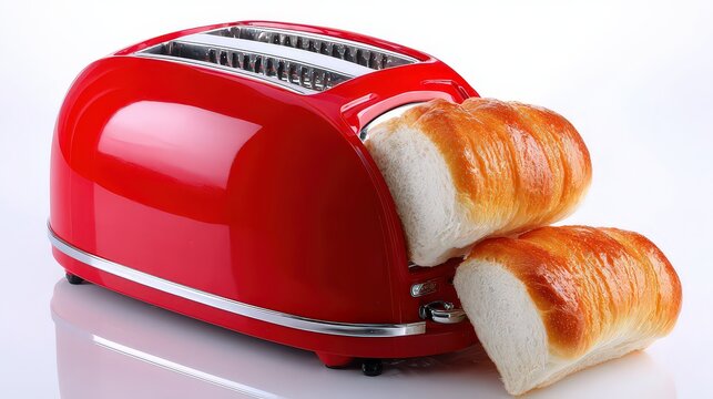A vibrant red toaster with golden-brown bread popping out, perfect for showcasing modern kitchen appliances, cooking articles, or breakfast themes