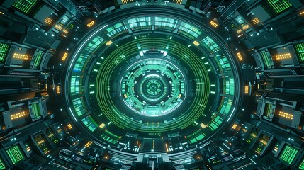 Top-down view of futuristic data chamber with radial layout, glowing green servers, magnetic cable spirals, dark reflective walls.