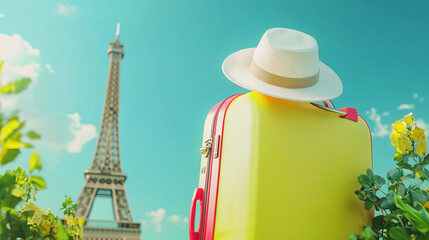 Bright yellow suitcase with a hat in front of the Eiffel Tower in Paris