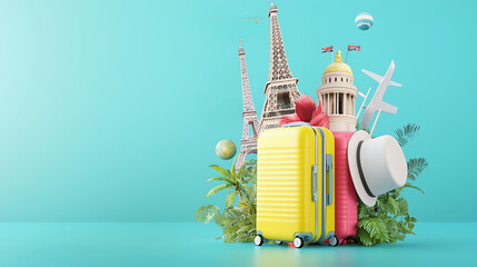 Travel essentials with bright landmarks on a blue background