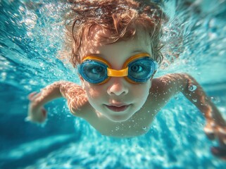 Fototapeta premium Handsome boy wearing goggles swimming underwater in the pool, summer vacation concept.
