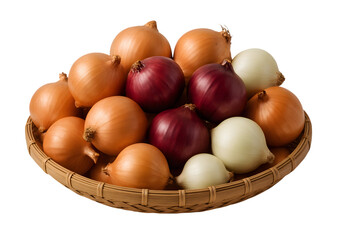A basket of yellow red and white onions on a black background