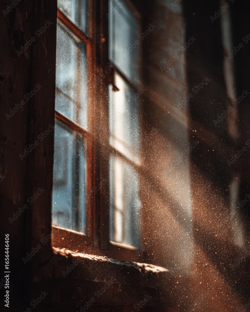 Poster sunlight streaming through dusty window illuminates warm indoor space with gentle particles floating