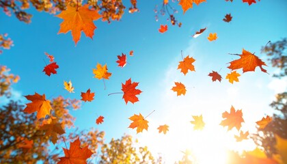 Red and orange autumn leaves floating in windy blue sky.