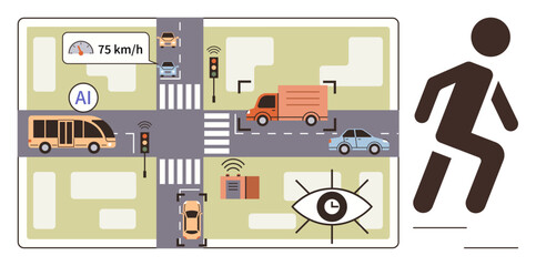 Smart city street featuring AI traffic management, autonomous vehicles, pedestrians, speed monitoring, sensors, and surveillance systems. Ideal for urban planning, technology, innovation mobility