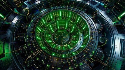 Top-down view of futuristic data chamber with radial layout, glowing green servers, magnetic cable spirals, dark reflective walls.