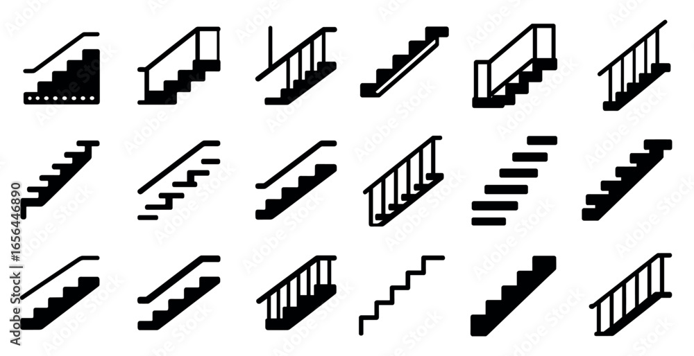 Aufkleber staircase and railing icons set – solid, silhouette, steps and architecture graphics