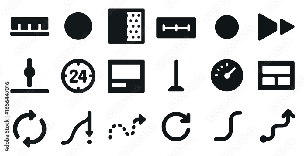 Poster navigation and control solid icons set – flat, filled, guide and instrument symbols